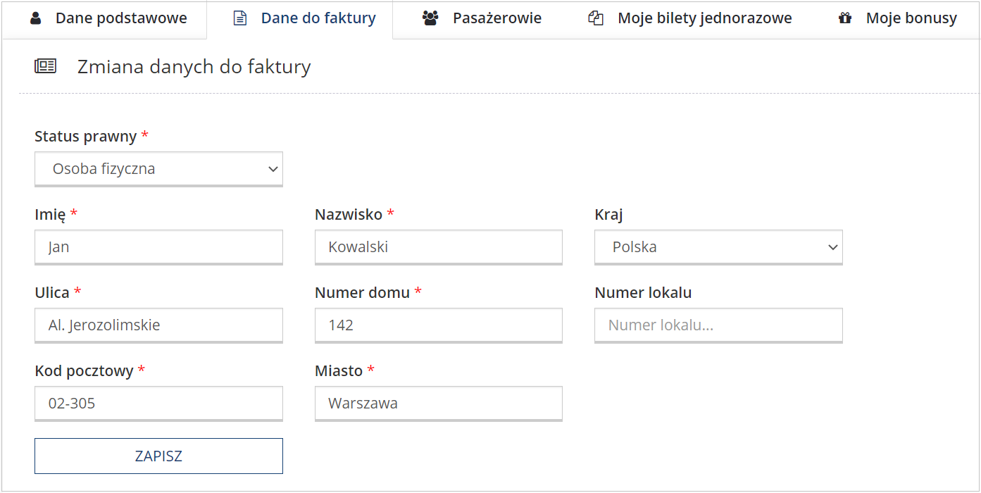 Zmiana danych do faktury - panel klienta