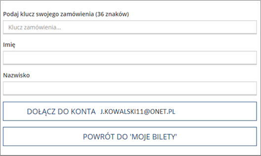 Formularz do podawania danych właściciela biletu - dołączanie biletu do konta