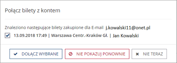 Dołaczanie biletów do konta - okno wyboru