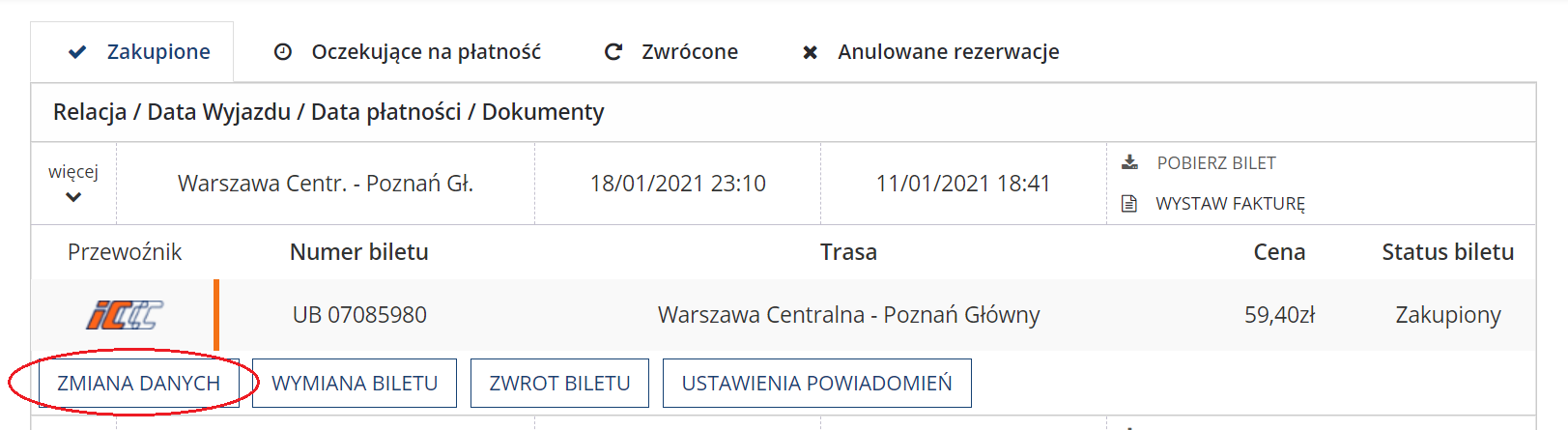 Szczegóły biletu - przycisk zmiany danych